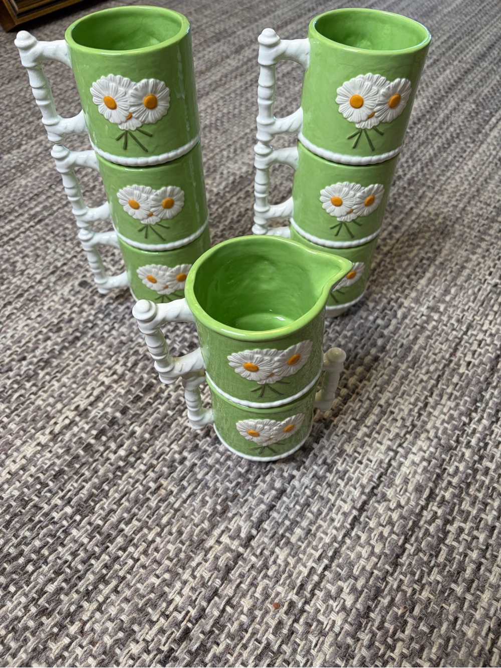 Vintage Green Floral Ceramic Stacking Coffee Mug - Set w/ Creamer and Sugar cups